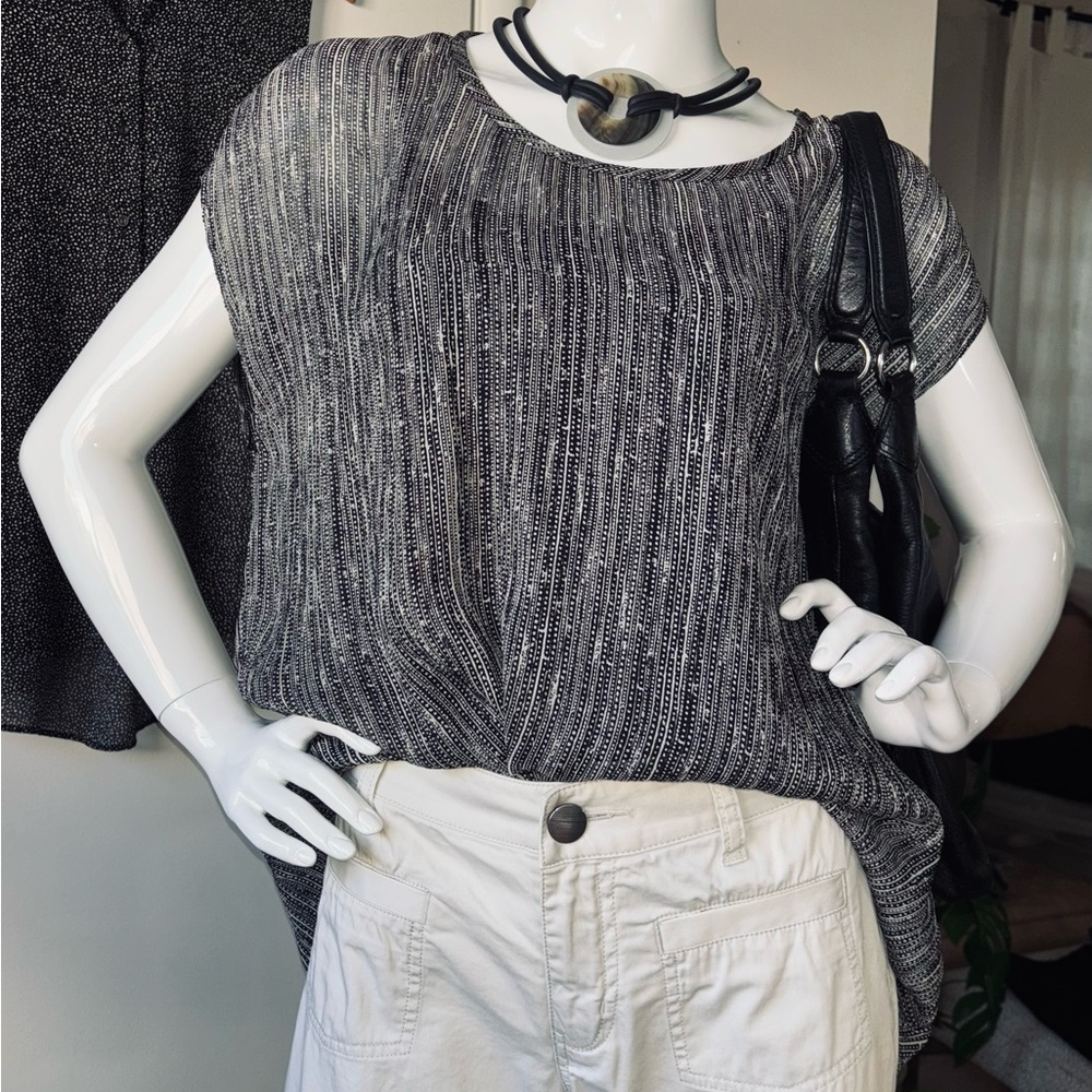 Eileen Fisher Black & Off White Dot/Dash Silk Blouse - Picture 5 of 11